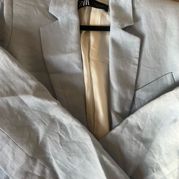 Zara Pale Blue Cropped Linen Blazer - Picture 2 of 4